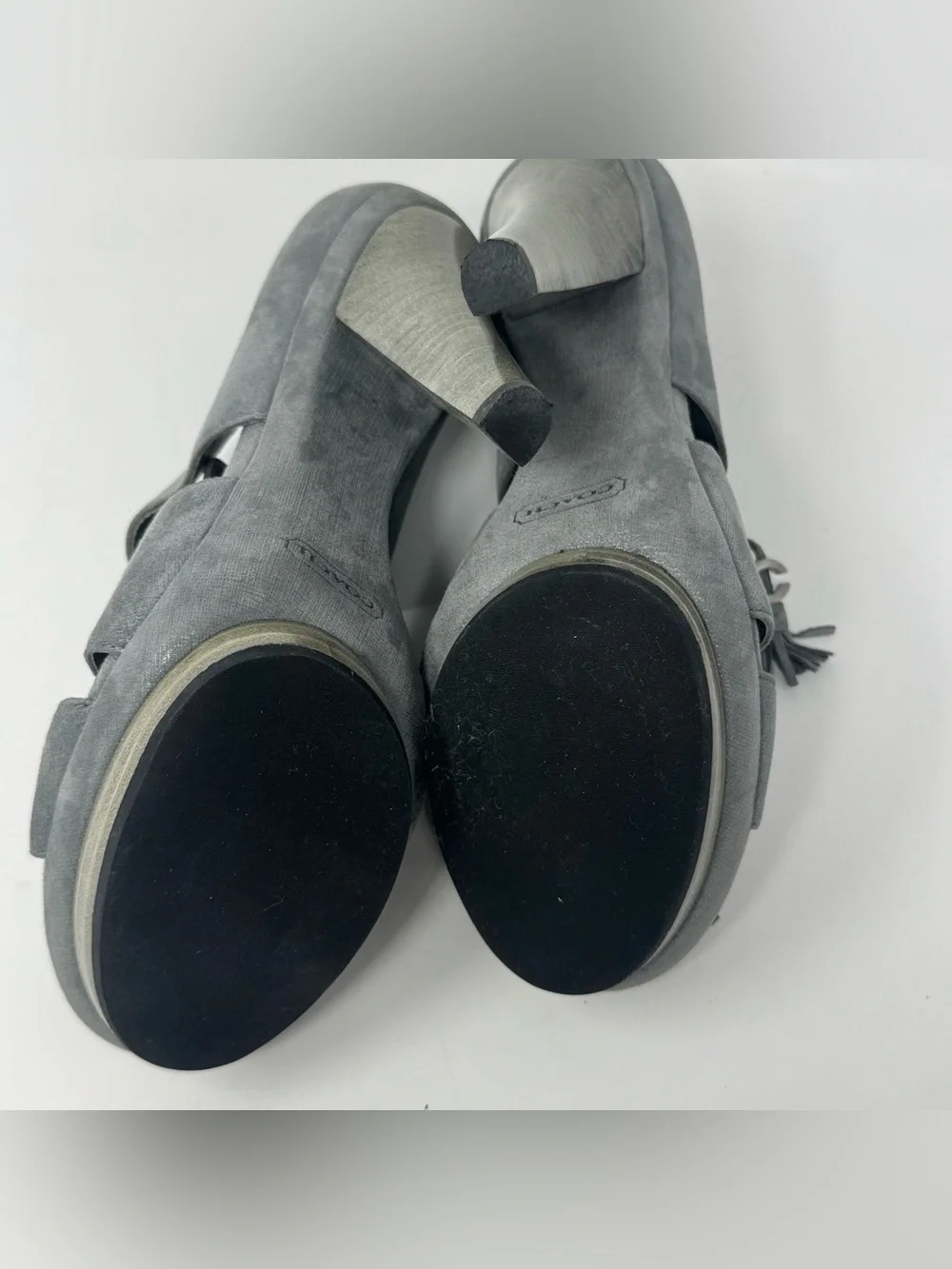 Coach Teagan Size 8 Gray Seude Peep Toe Sandals Platform Heels Tie Up Tassel